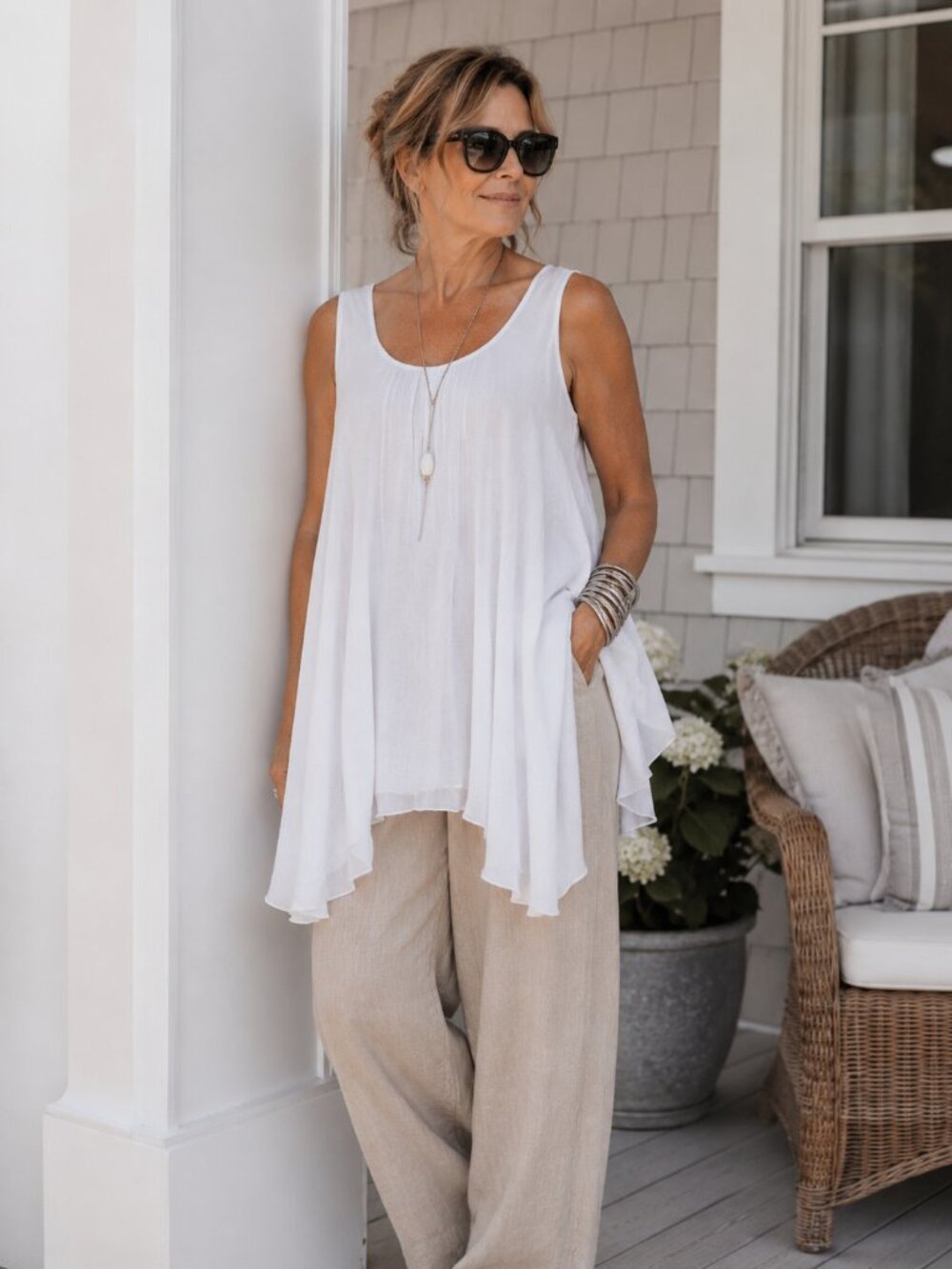 PAPA White Linen Asymmetrical Flowy Top Beachy Lagenlook Coastal Boho Chic M